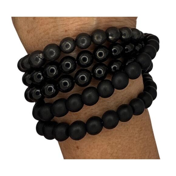 Glass, Shungite, Hematite Five Bracelet Set black, Orange, Blue Stacking Stretch - Picture 6 of 8